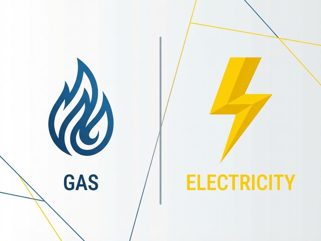 Splitscreen vergelijking van gas en elektriciteit met blauwe vlam icoon links en gele bliksemschicht rechts op witte achtergrond
