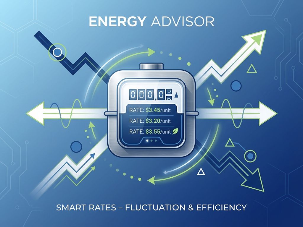 Moderne gasmeter met geometrische pijlen die wisselende tarieven symboliseren, blauw-wit ontwerp met groene accenten