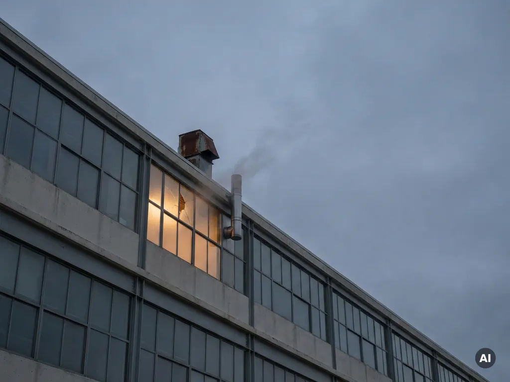 Gebarsten industrieel raam in betonnen kantoorgebouw met warme amber gloed en hittedamp boven dakventilatie onder bewolkte lucht.