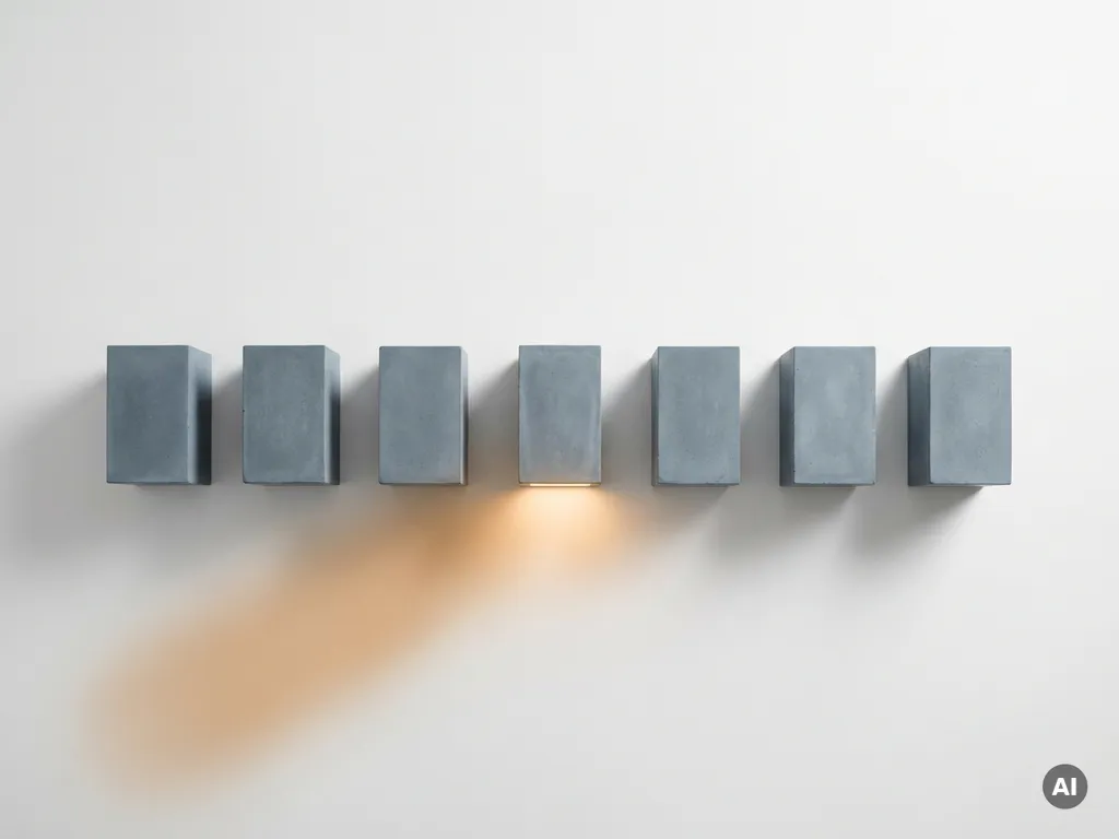 Rij identieke minimalistische gebouwgevels met één uitgelicht in warm amber licht en langere schaduw tussen grijze gelijken.