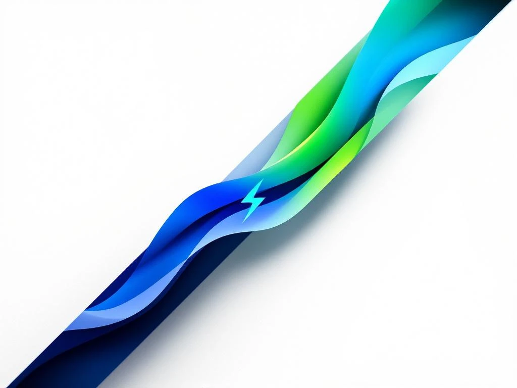 Geometrische compositie met blauwe golfpatronen en groene hoekige vormen, verbonden door energiebout op witte achtergrond