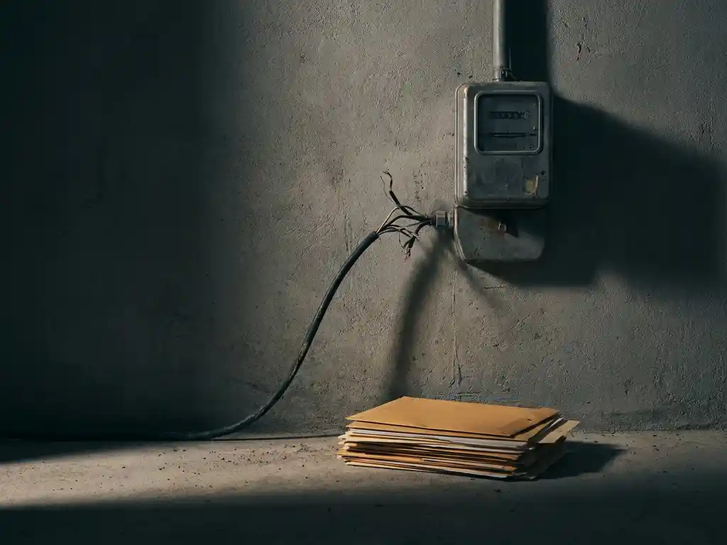 Versleten elektrische kabel op industriële meterkast aan betonnen muur, met stapel onbetaalde facturen en juridische documenten eronder.