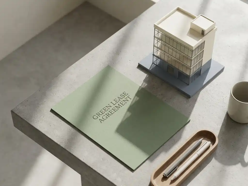 Groen huurcontract naast een schaalmodel van een commercieel gebouw op een betonnen bureau, gefotografeerd van bovenaf.