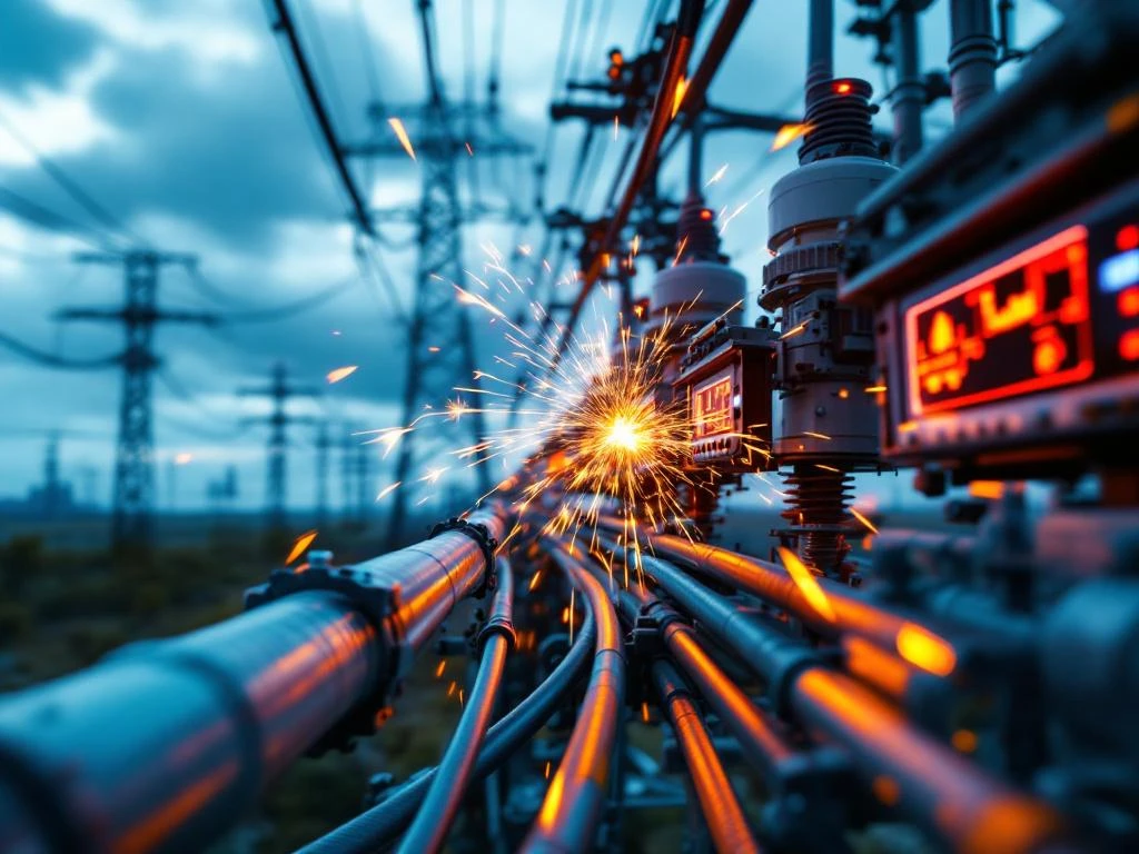 Hoogspanningsinstallatie met vonken bij aansluitpunten, transformatoren en waarschuwingsdisplays onder bewolkte hemel