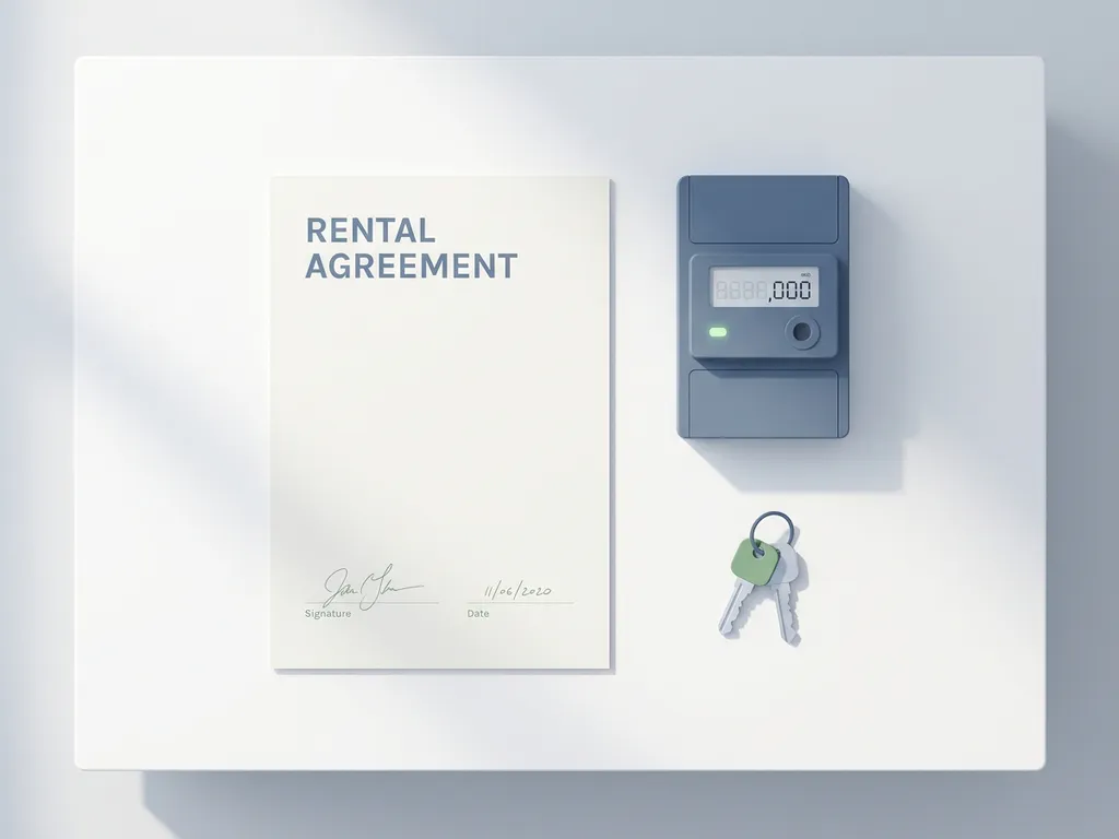 Ondertekend huurcontract op wit bureau naast een energiemeter en sleutels, minimalistische flatlay stijl.
