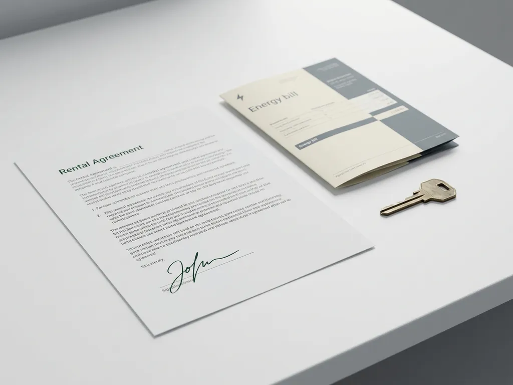 Ondertekend huurcontract op wit bureau naast gevouwen energierekening en messing sleutel, minimalistische compositie.