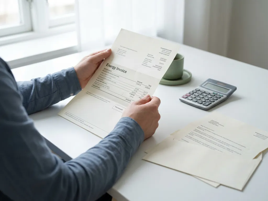 Huurder houdt energiekostenrekening vast aan wit bureau met verhuurderbrief en rekenmachine, zachte daglichtsfeer.