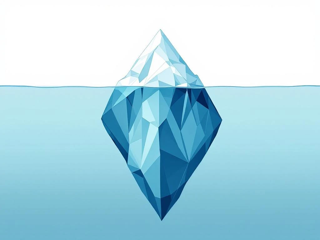 Geometrische ijsberg in kalm water toont verborgen kosten concept, met lichtblauwe tip en donkerblauwe onderwaterdeel