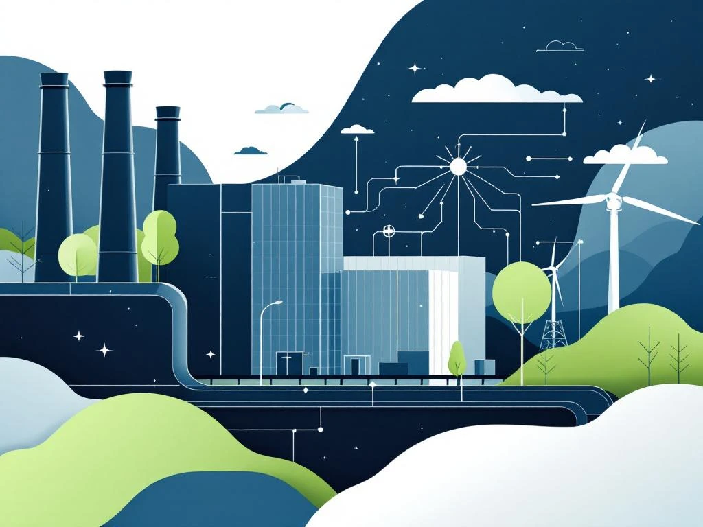 Geometrische industriële gebouwen verbonden door lijnen naar centrale hub, navy blauw en wit kleurenschema, energienetwerk