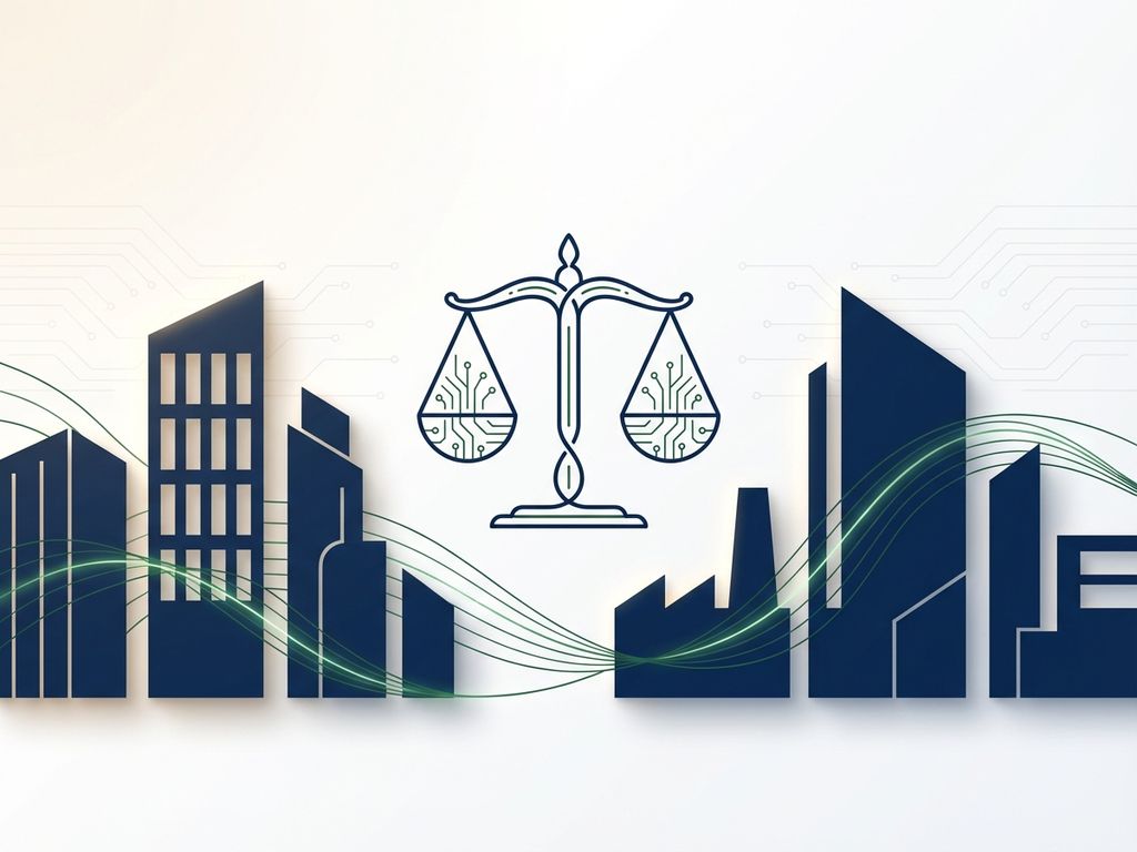 Weegschaal symbool tussen geometrische gebouwen met groene energielijnen, navy en wit minimalistisch ontwerp