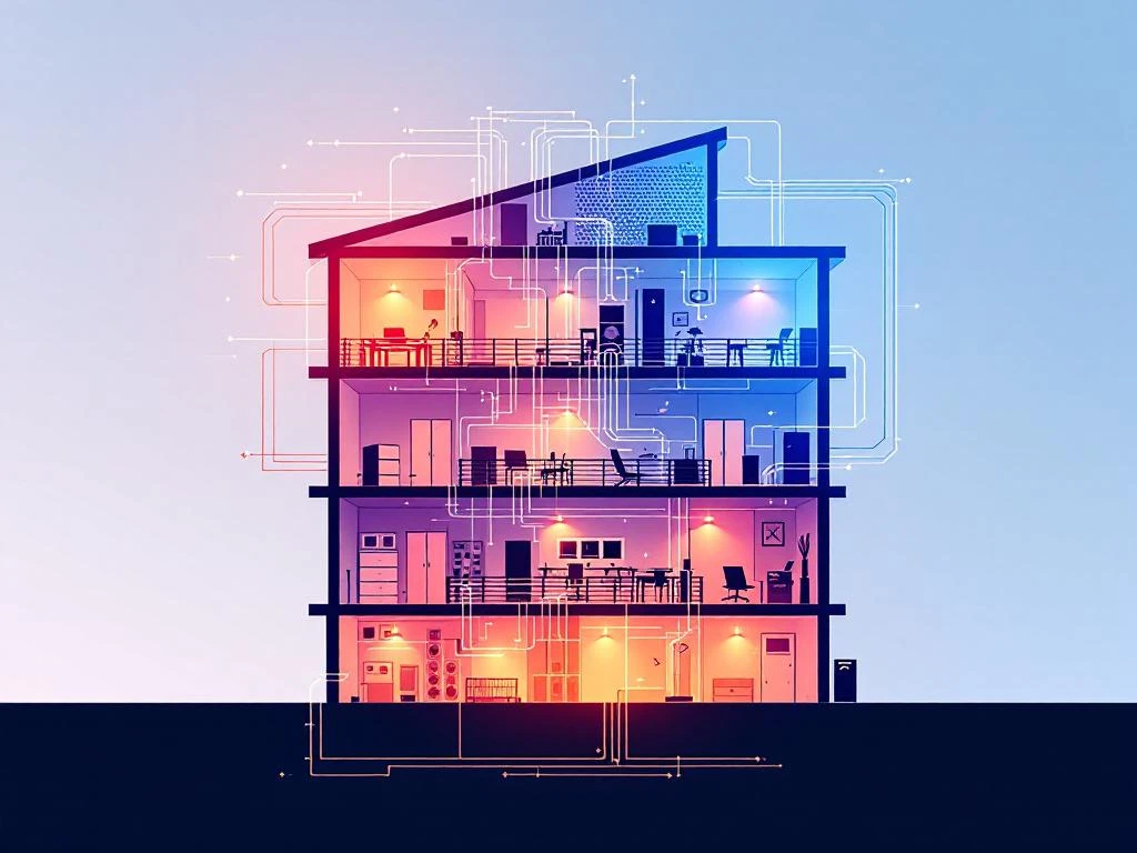 Doorsnede kantoorgebouw met elektrisch netwerk visualisatie, oranje congestiezones en blauwe normale capaciteit