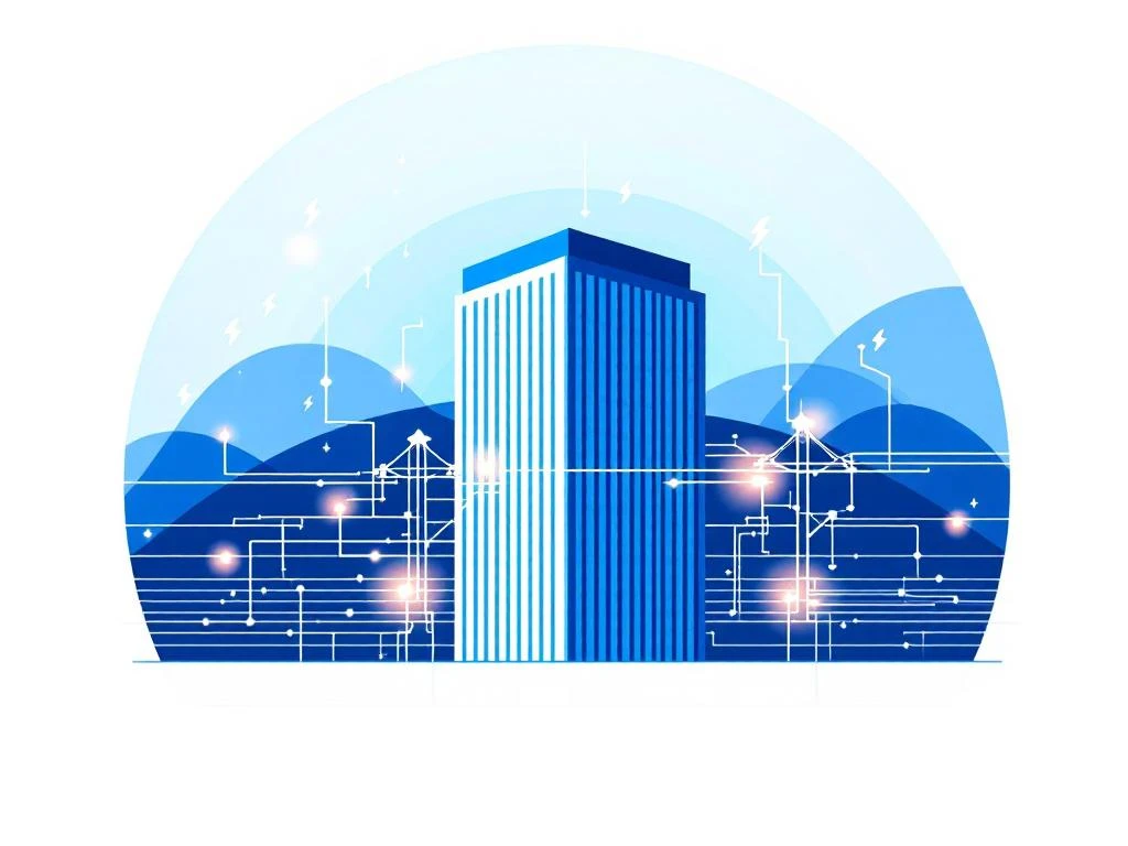 Moderne kantoorgebouw silhouet met elektrische netlijnen en gloeiende verbindingspunten tegen blauw-groene achtergrond