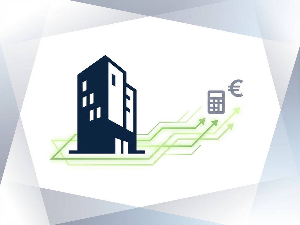 Modern kantoorgebouw silhouet met groene energiestromen, calculator icoon en euro symbool voor zakelijke energiebeheer