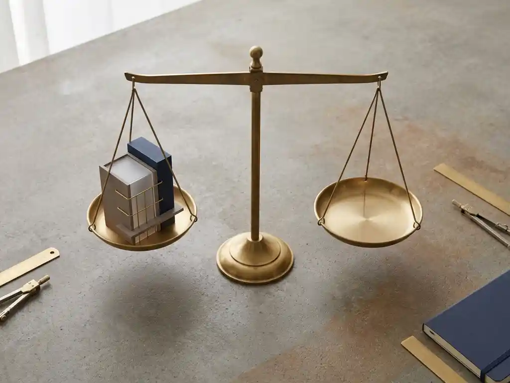 Messing weegschaal in balans op betonnen bureau met miniatuur kantoorgebouw, symboliseert kostentransparantie in architectuur.