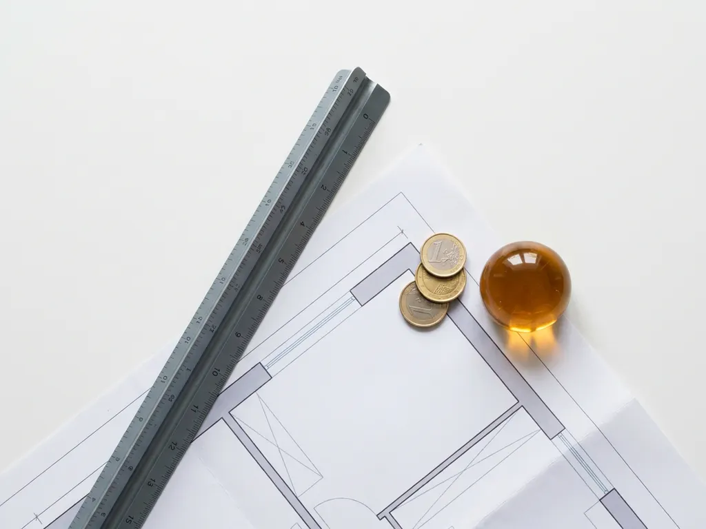 Architectenliniaal op kantoorplattegrond met gestapelde euromunten op een mat wit oppervlak, minimalistische flatlay.