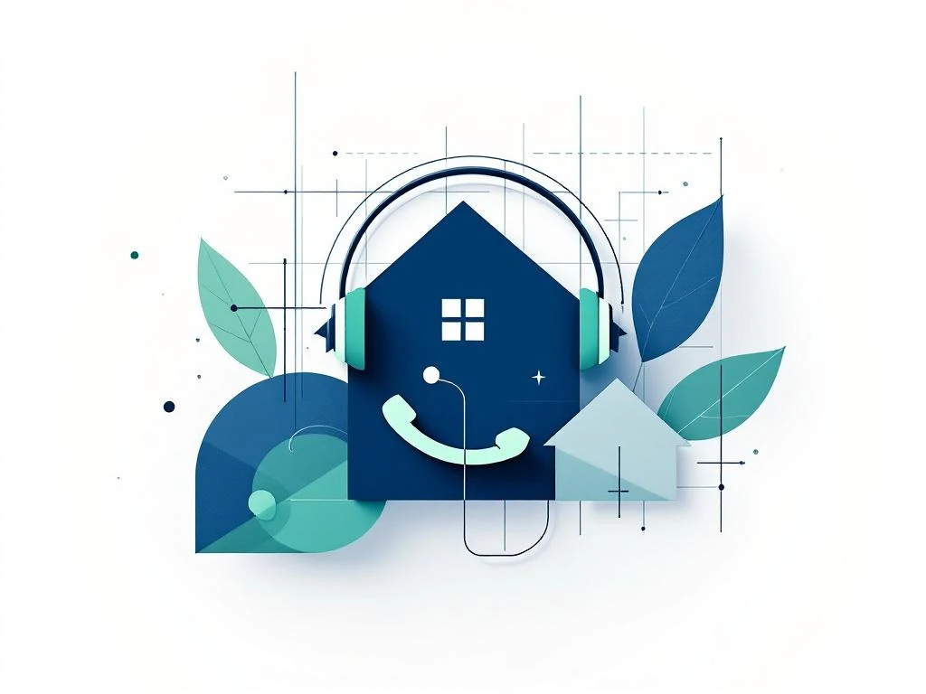 Minimalistische compositie met geometrische iconen van klantenservice en energiecollectieven in blauw en groen