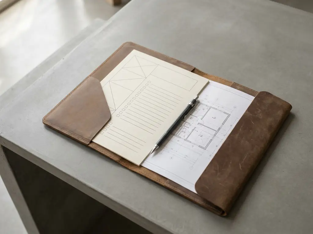 Versleten leren portfolio met architectonische plattegrond en inspectielijst op betonnen bureau, mechanisch potlood diagonaal erop.