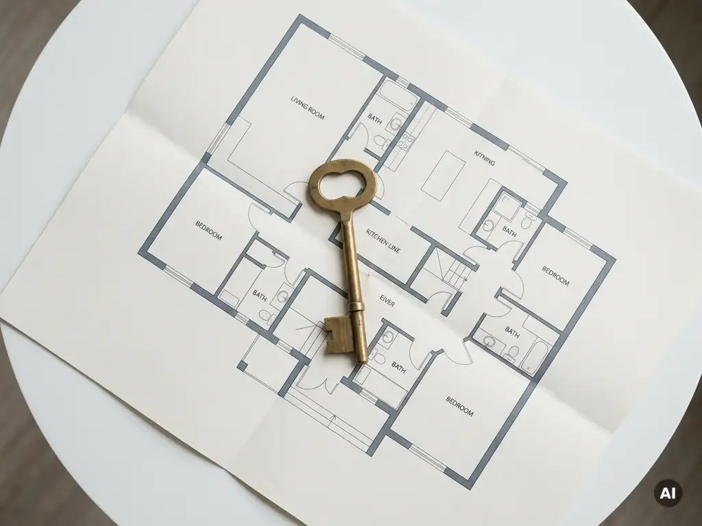 Grote messing sleutel liggend op een architectonisch plattegrond op een wit bureau, strak bovenaanzicht met zachte schaduwen.