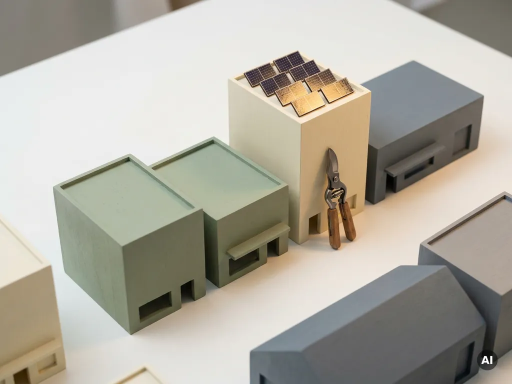 Miniatuurmodel van commerciële gebouwen met zonnepanelen op wit oppervlak, snoeischaar als metafoor voor kostenreductie.