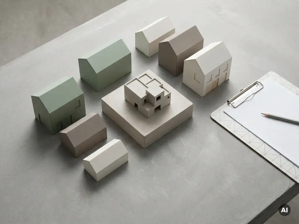 Miniatuur architectuurmodellen gegroepeerd op bureau met klembord, bovenaanzicht in salie groen, betongrijs en wit.