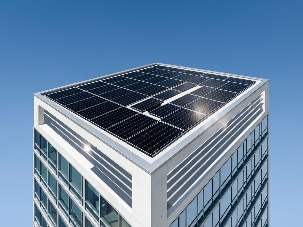 Modern kantoorgebouw met geometrisch gerangschikte zonnepanelen op het dak tegen blauwe hemel, duurzame architectuur