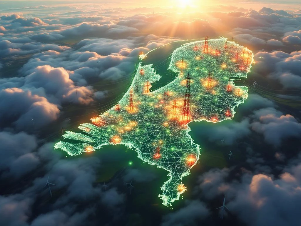 Luchtfoto van Nederlands elektriciteitsnet met groene energiestroom in noorden en rode congestie in westen