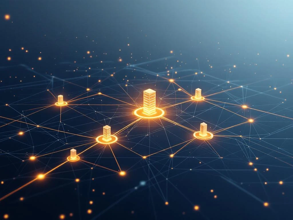 Geometrisch netwerkraster met verbindingspunten en knelpunten in amber tegen blauwgrijze achtergrond