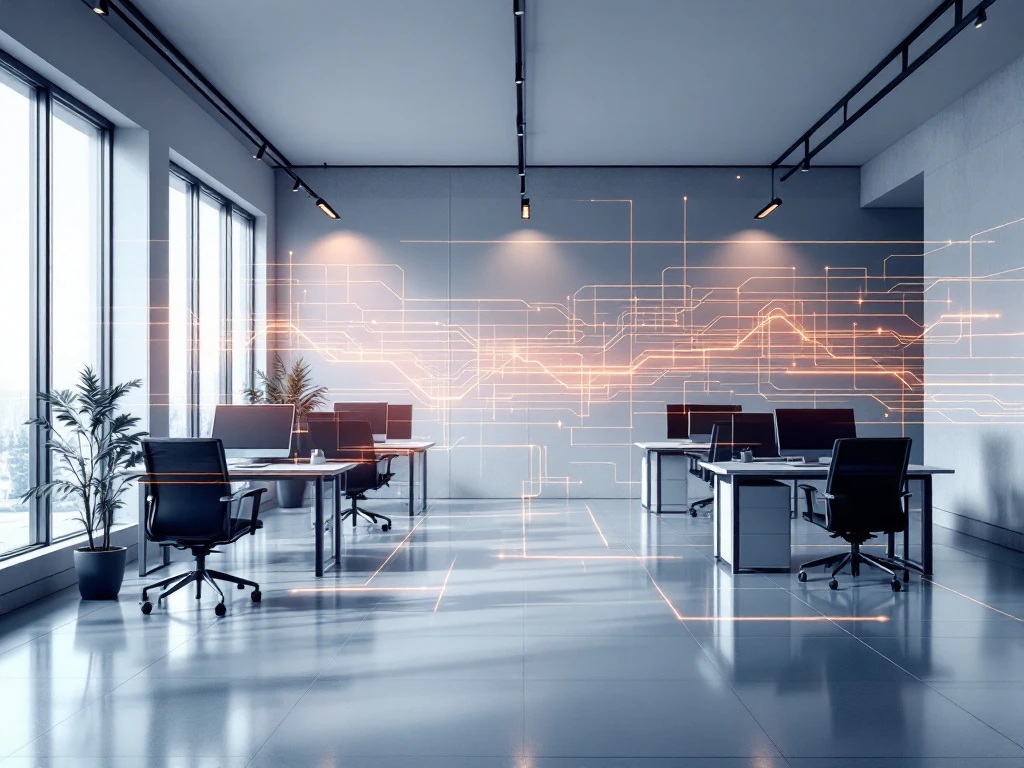 Moderne co-working ruimte met lege werkplekken en oranje-rode netwerkcongestie-visualisaties over blauwe interieur