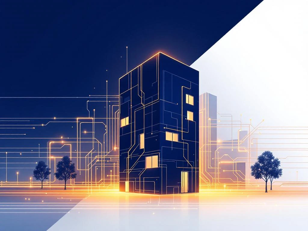 Modern kantoorgebouw silhouet met blauw netwerk grid en oranje knelpunten die energiestroom verstoringen tonen