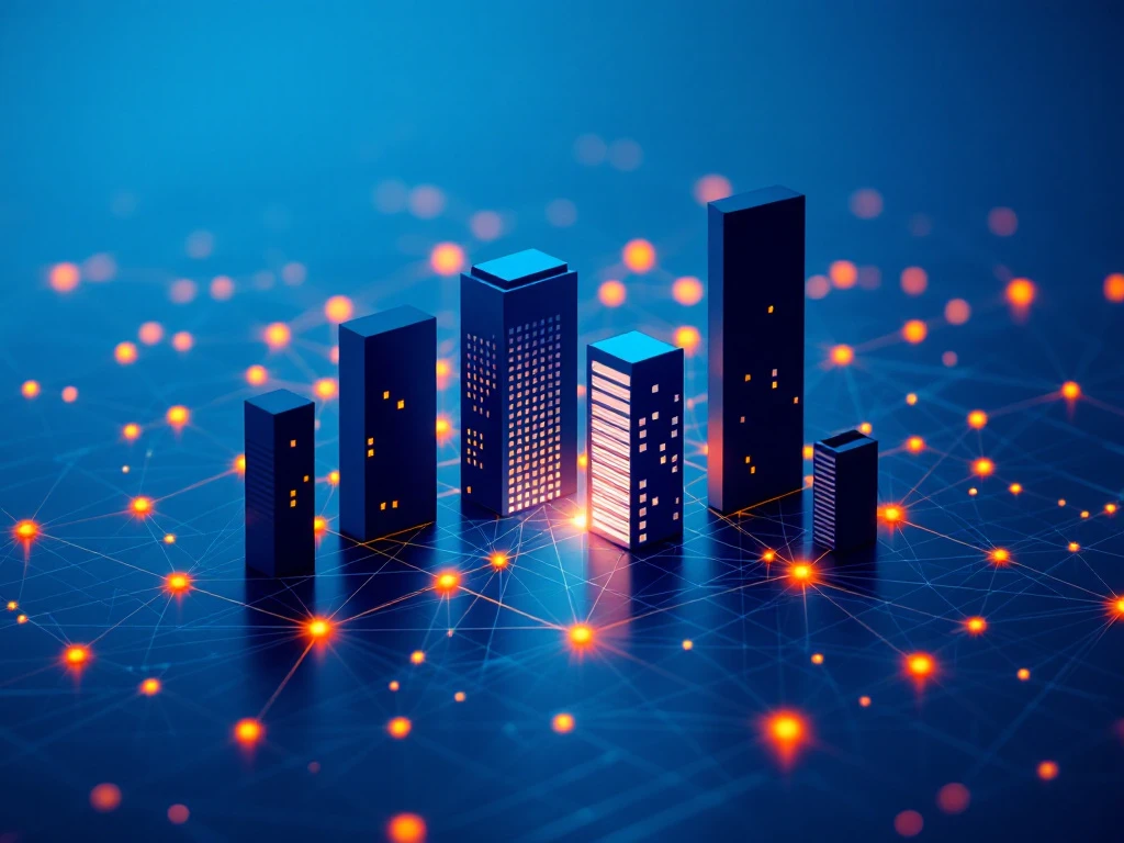 Geometrisch netwerkraster met kantoorgebouwen en onderbrekingen, blauw-oranje kleurenpalet toont netwerkcongestie