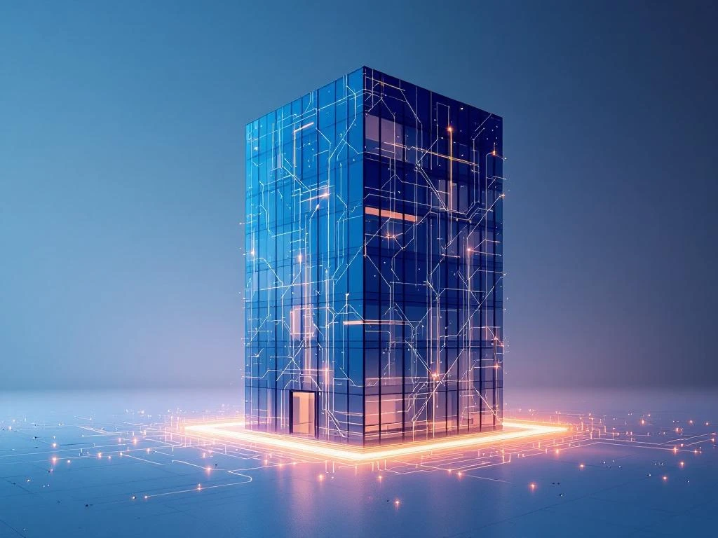 Modern glazen kantoorgebouw met gloeiende netwerklijnen en oranje knelpuntindicatoren op blauwe achtergrond