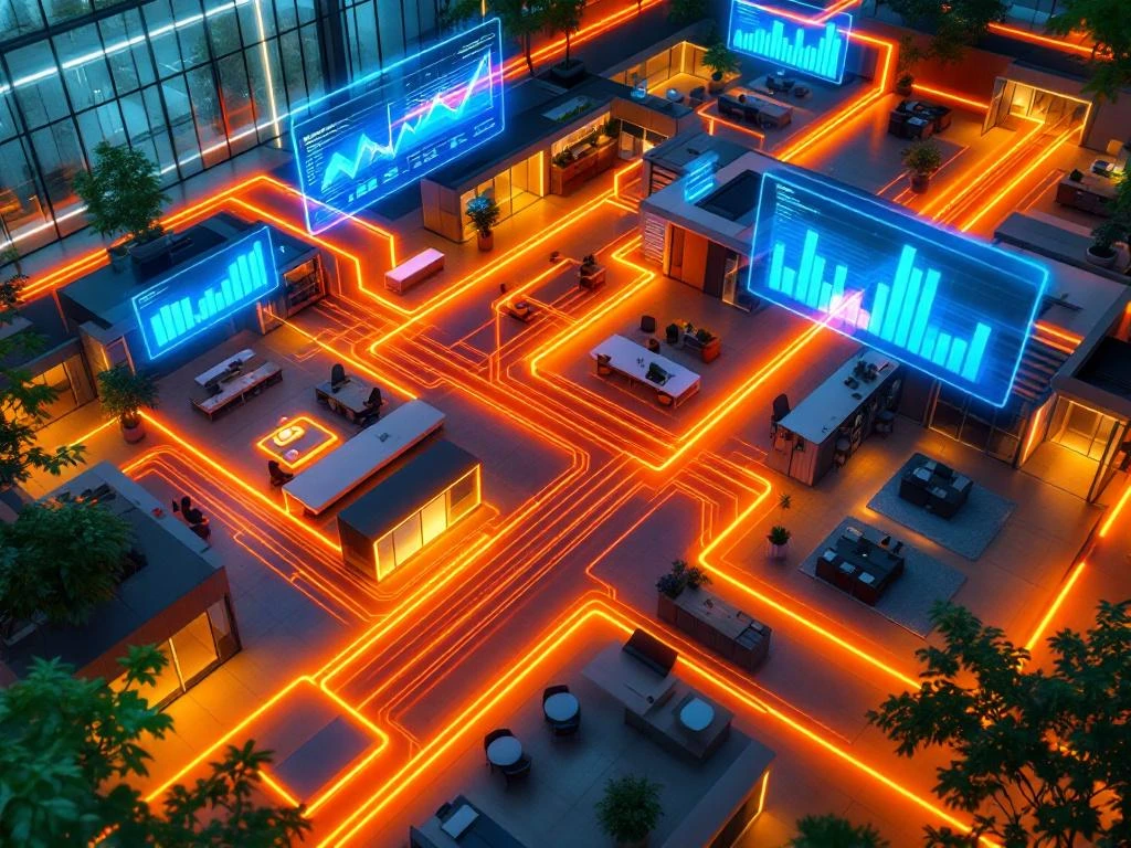 Bovenaanzicht moderne kantoorplattegrond met gloeiende oranje netwerkbekabeling en zwevende datamonitoren