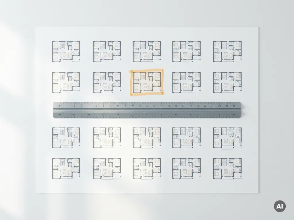 Architectenlineaal over miniatuur plattegronden op wit vlak, één gebouw gemarkeerd met amber lijn, strak geometrisch bovenaanzicht.