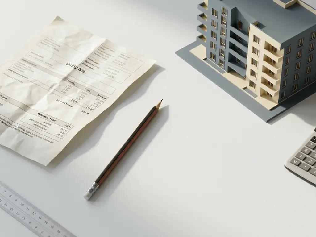 Gekreukelde energierekening op wit bureau naast potlood en miniatuur appartementengebouw, symboliseert fout in nutskosten.
