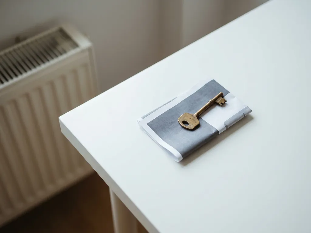 Gevouwen energierekening met een messing sleutel op wit oppervlak, wazige radiator op de achtergrond, natuurlijk licht.