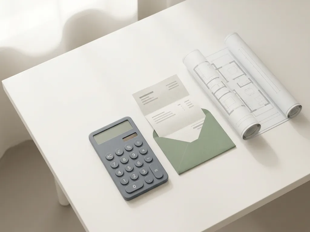 Calculator naast een nutsrekening en architectonische plattegrond op wit bureau, minimalistisch bovenaanzicht.