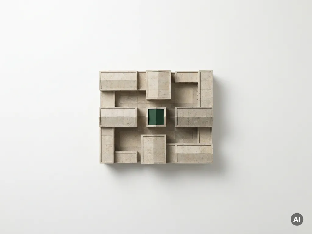Architectuurmaquette van meerdere kleine gebouwen op geometrisch raster, warme steentinten met bosgroen accent, overhead perspectief.