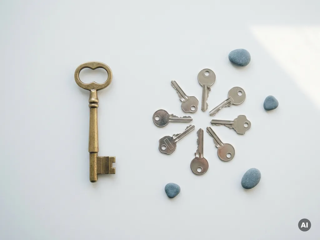 Gouden sleutel naast een bundel zilveren sleutels op wit oppervlak, bovenaanzicht in minimalistische stijl.