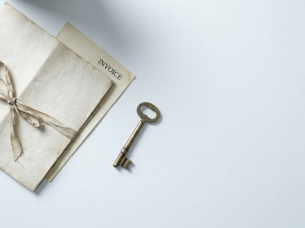 Versleutelde messing sleutel op wit bureau naast gevouwen eigendomsakte met onbetaalde factuur eronder, minimalistisch bovenaanzicht.