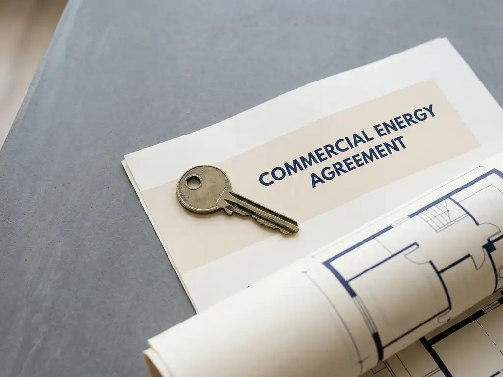 Versleutelde commercieel vastgoedsleutel op een gevouwen energiecontract met een plattegrond op betonnen ondergrond.