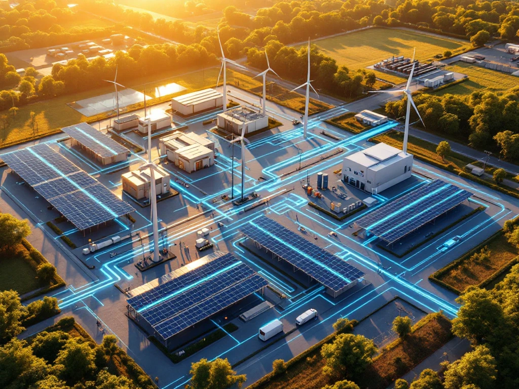 Luchtfoto van slim energienetwerk met zonnepanelen, windturbines en blauwe transmissielijnen in gouden zonlicht