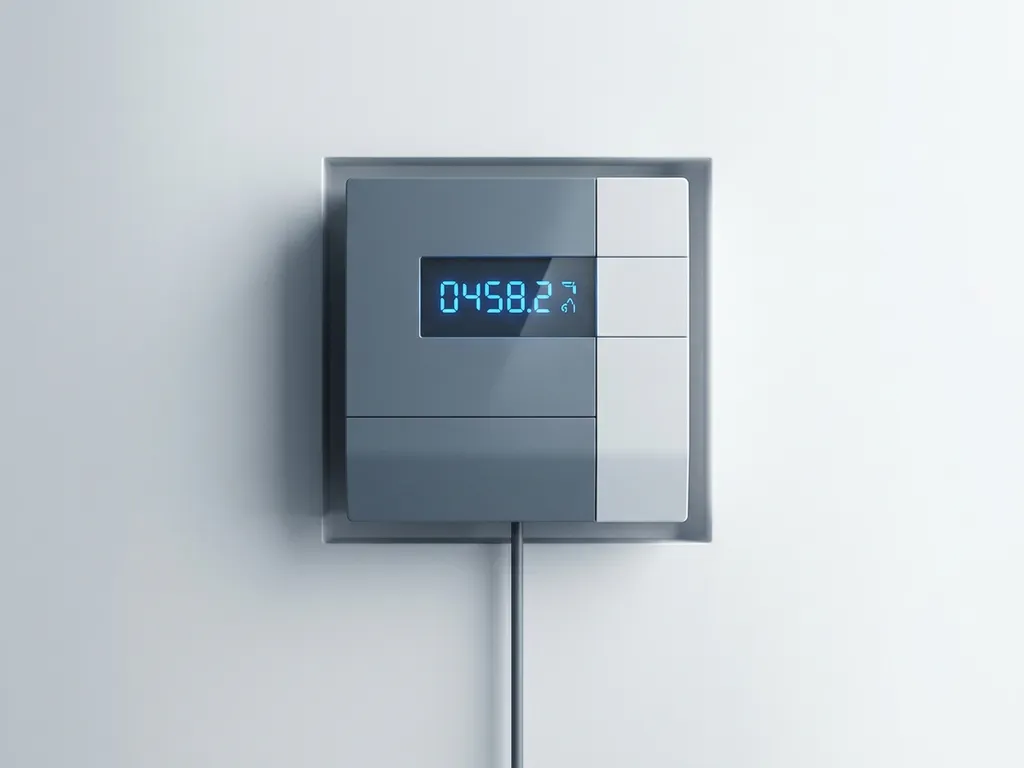 Slimme elektriciteitsmeter op witte muur met digitaal display, dunne kabel en elektrisch blauwe accent.