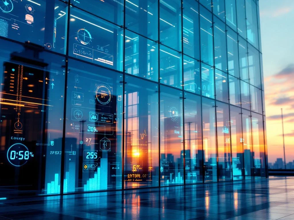 Modern kantoorgebouw met slimme glas en zonnepanelen bij zonsondergang, digitale energiemeter toont dalend verbruik