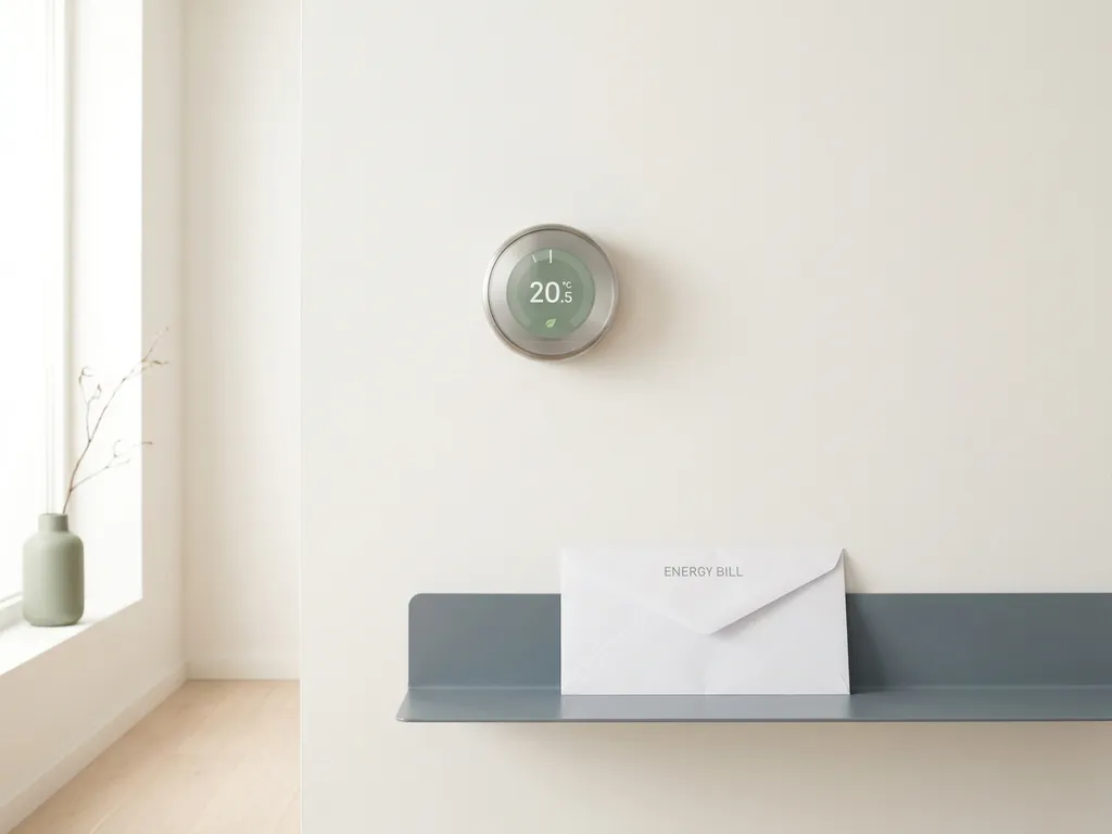 Moderne thermostaat op witte muur in Nederlandse hal, met gevouwen energierekening op minimalistische plank in natuurlijk daglicht.