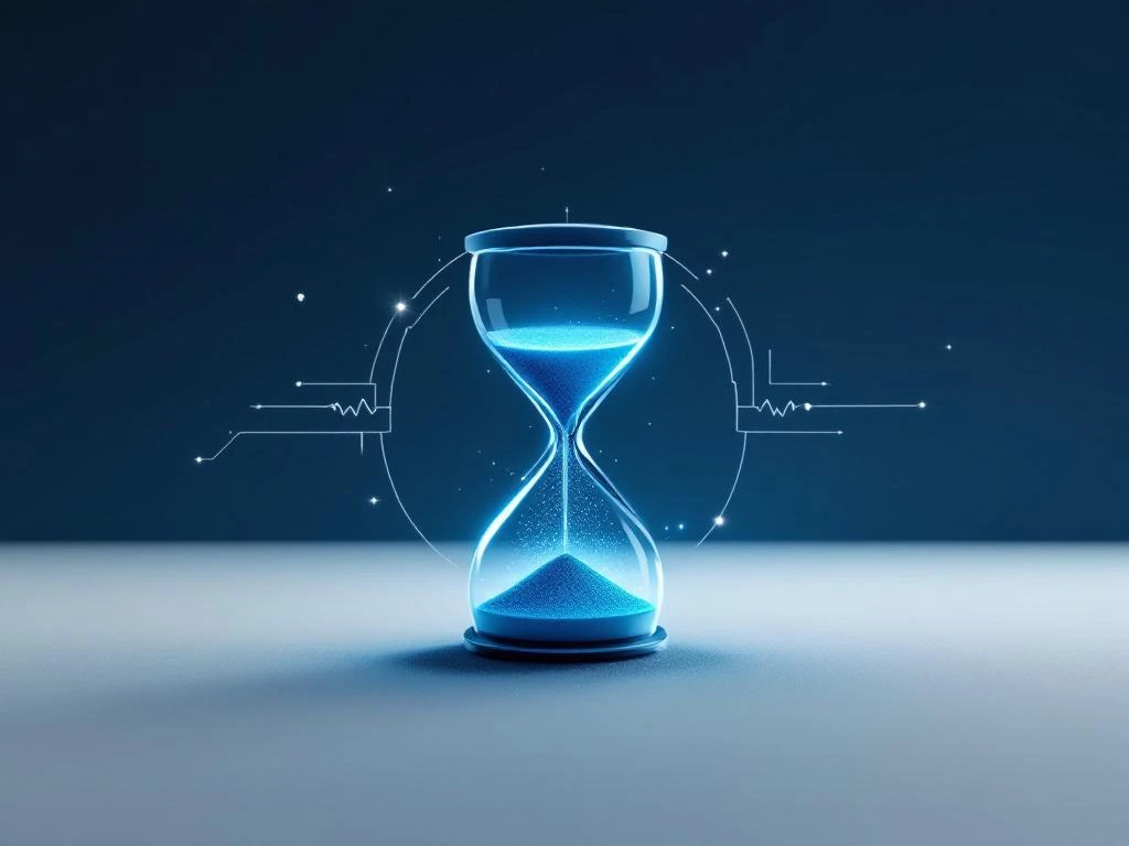 Minimalistische zandloper met geometrische lijnen en stromende deeltjes op blauwe gradiënt achtergrond voor energiesector