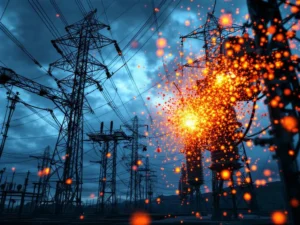 Elektrisch transformatorstation met hoogspanningskabels en fragmenterend onderhoudscontract in oranje deeltjes