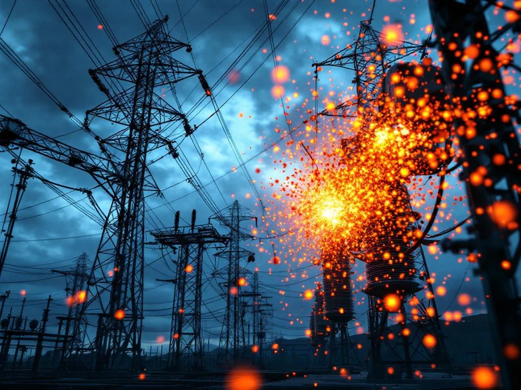 Elektrisch transformatorstation met hoogspanningskabels en fragmenterend onderhoudscontract in oranje deeltjes