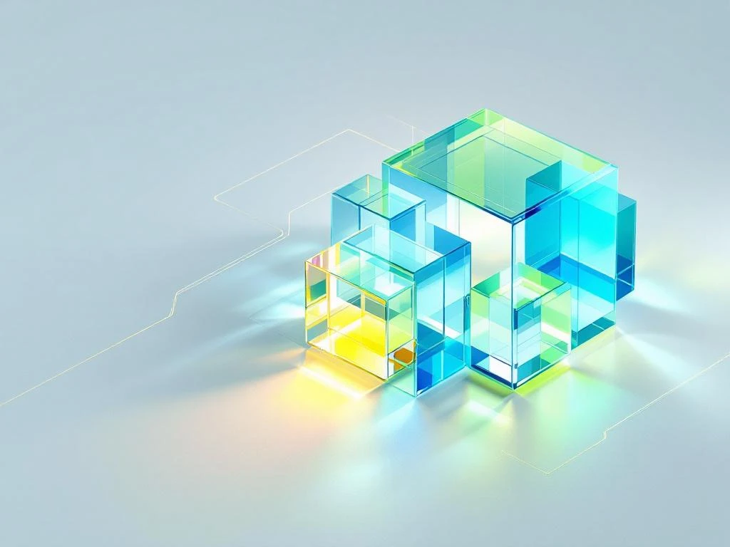 Transparante glazen kubus met lichtgradiënten omgeven door geometrische vormen in blauw en groen op witte achtergrond