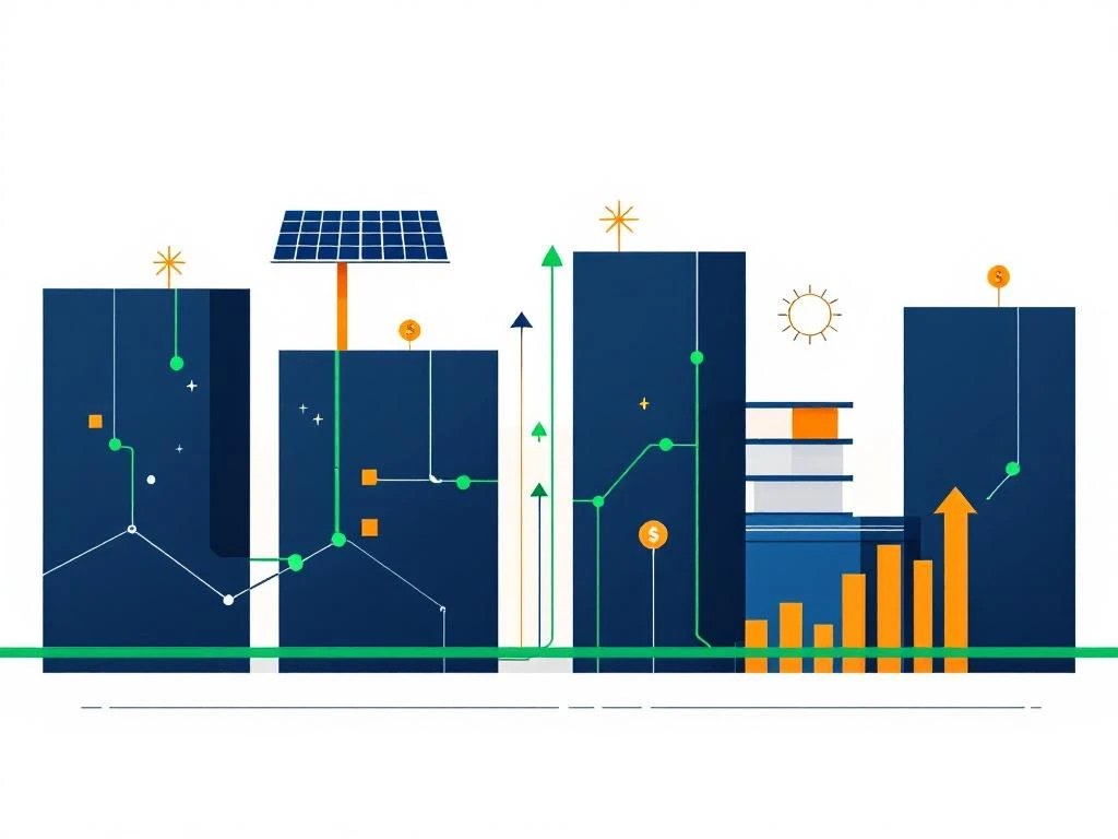 Geometrische gebouwen met zonnepanelen en groene energiestromen, stijgende grafieken tonen duurzame vastgoed groei
