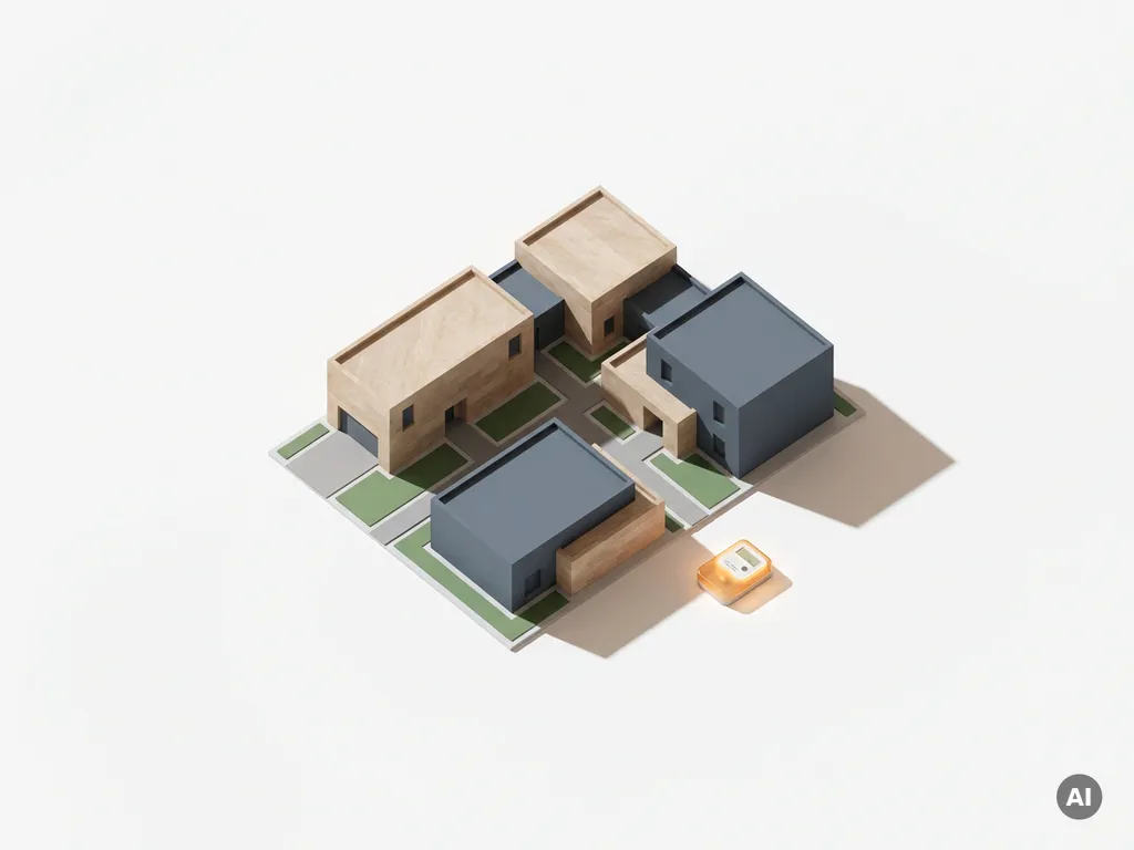 Architectonisch schaalmodel van vastgoedportfolio met energiemeter, bovenaanzicht op wit oppervlak, minimalistische stijl.